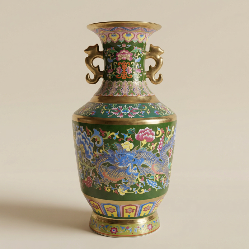 Vase porcelaine rétro chinois motifs double dragon détail derrière
