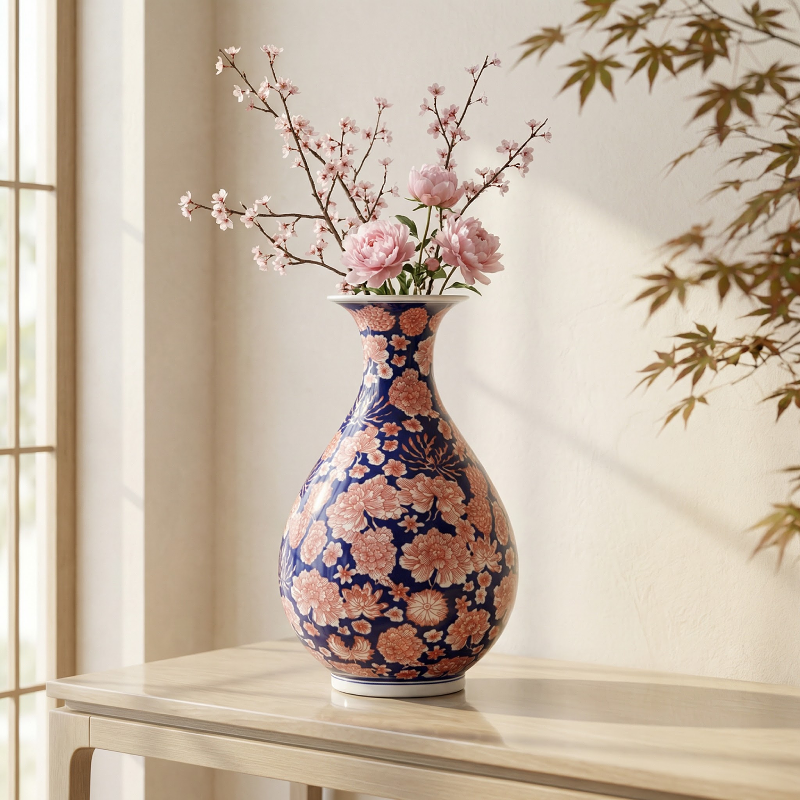 Vases en porcelaine bleu profond et motifs floraux rouges – Élégance asiatique raffinée L'UNIVERS DU VASE
