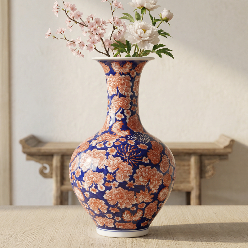 Vases en porcelaine bleu profond et motifs floraux rouges – Élégance asiatique raffinée L'UNIVERS DU VASE