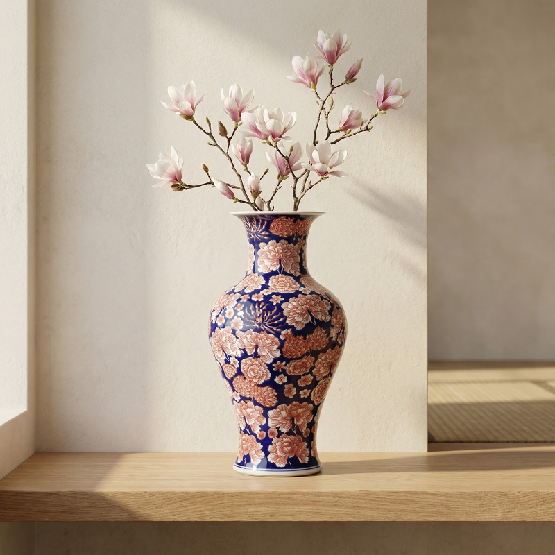 Vases en porcelaine bleu profond et motifs floraux rouges – Élégance asiatique raffinée L'UNIVERS DU VASE