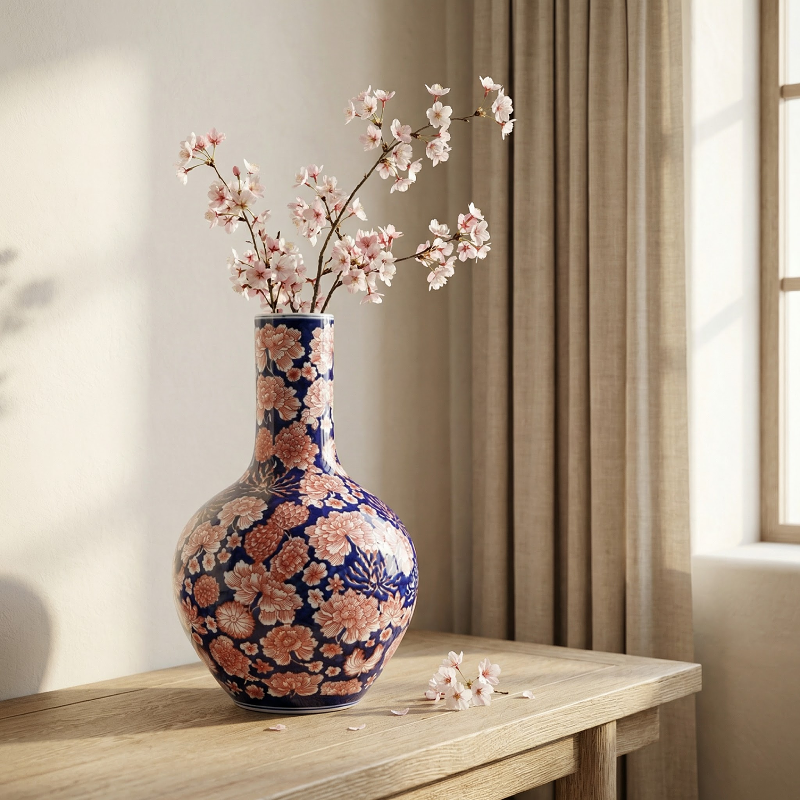 Vases en porcelaine bleu profond et motifs floraux rouges – Élégance asiatique raffinée L'UNIVERS DU VASE