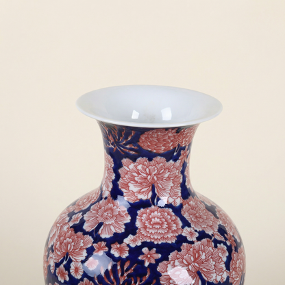 Vases en porcelaine bleu profond et motifs floraux rouges – Élégance asiatique raffinée L'UNIVERS DU VASE