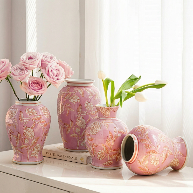 Vases céramique rose motif floral ensemble