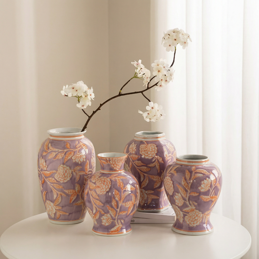 Vases céramique violet motif floral intérieur