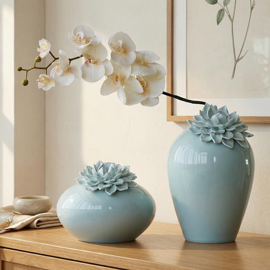 Vases porcelaine sculpture floral vert